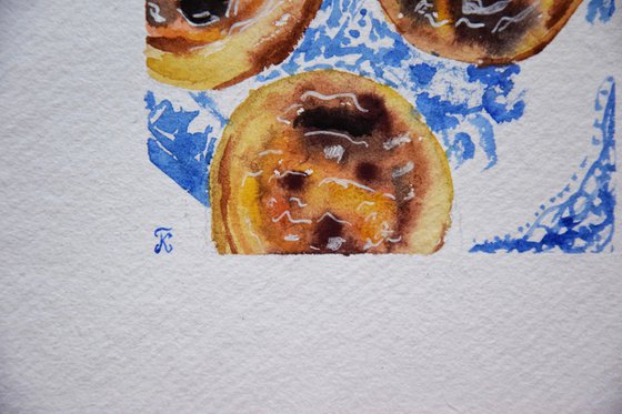 Watercolor painting Portuguese food, Lisbon cake original painting, Pastel de Nata art, kitchen wall art