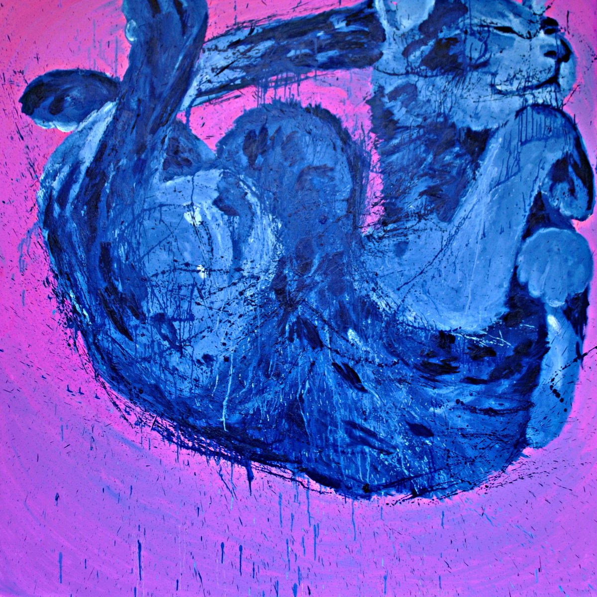 Expressive Animal Oil Painting By Dominic Virtosu, 79 X 79, Blue Cat On Pink Background, Original Artwork