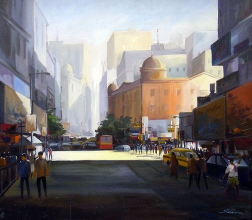 Early Morning Light on Street-Acrylic on canvas by Samiran Sarkar