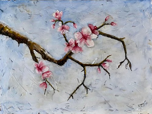 One of a kind Cherry Blossoms Branch Oil Painting on a gessoed masonite with several glazes on charcoal by Mary Gullette