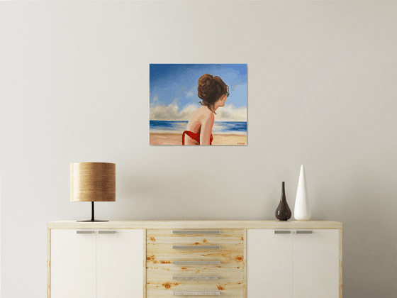 Girl in a Red Swimsuit - Woman in Sunglasses on the Beach Painting