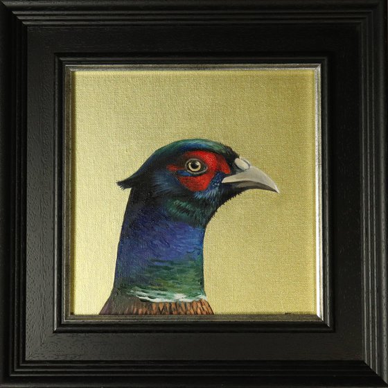 Pheasant Head Portrait II, Original Oil Painting, Bright Bird Painting with Gold Backdrop, not Print
