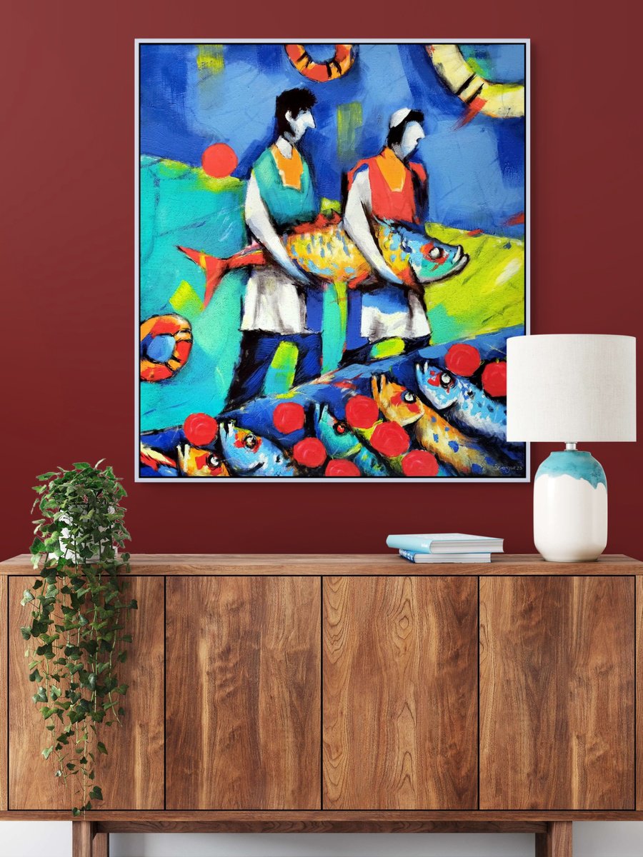 Naive Oil Painting , Fish In Beetroot By Evgen Semenyuk, 28 X 31, Artwork For Sale On Artfinder