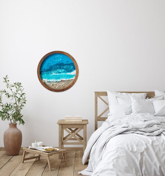Starfish beach - original seascape 3d resin artwork, framed, ready to hang