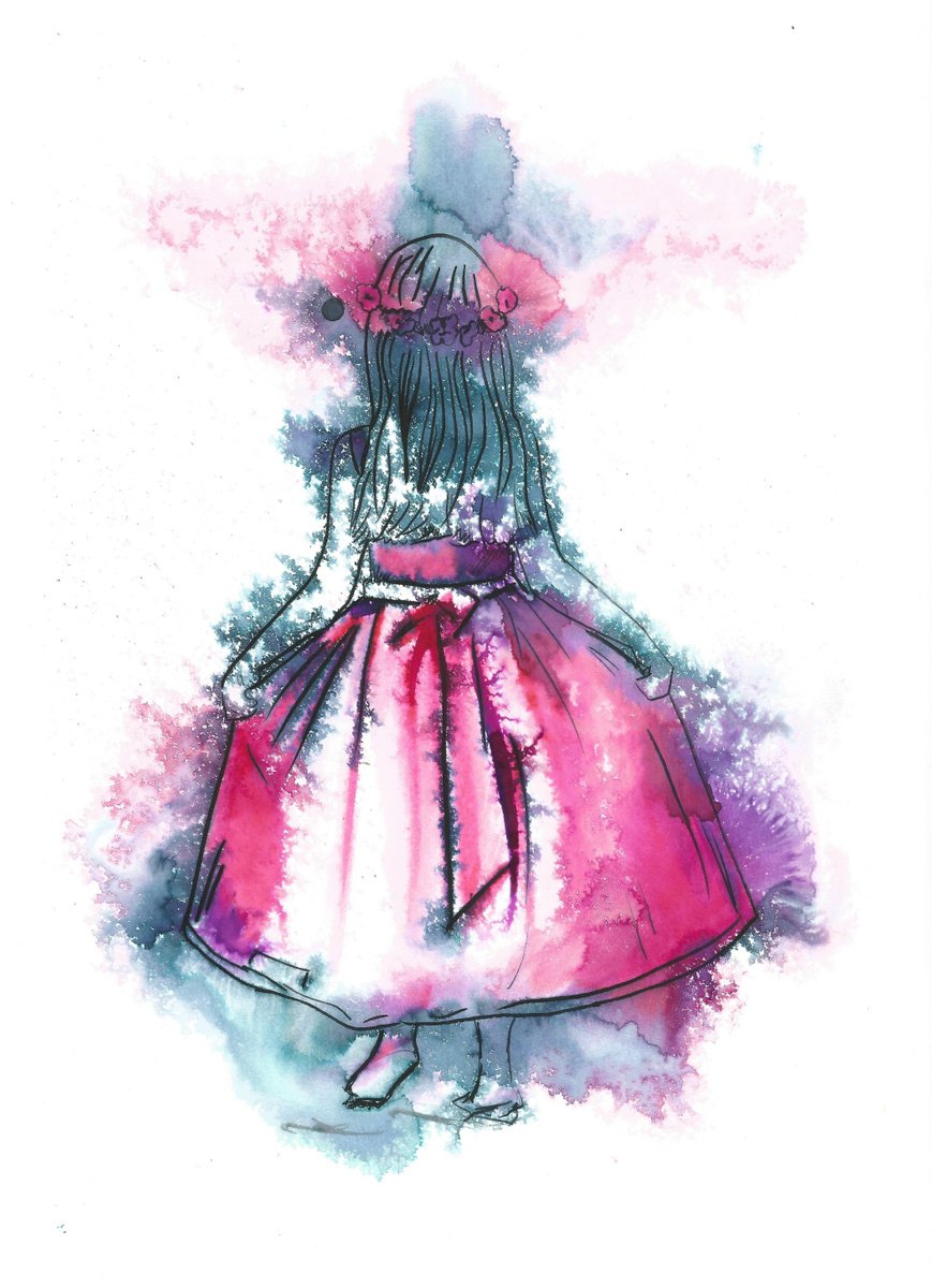 Child in a pink dress art, ink painting, Make Believe, imagination by Dianne Bowell