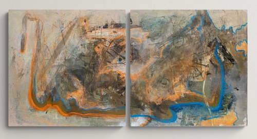 "Tandem" - diptych abstract, beige abstract painting, small painting, 25*25 cm. by Anna Prykhodko