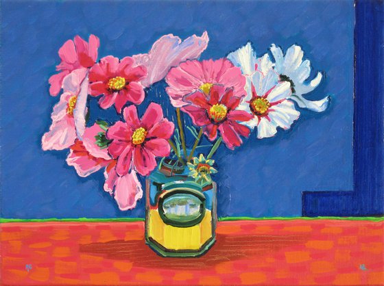 Cosmos on an Orange Table