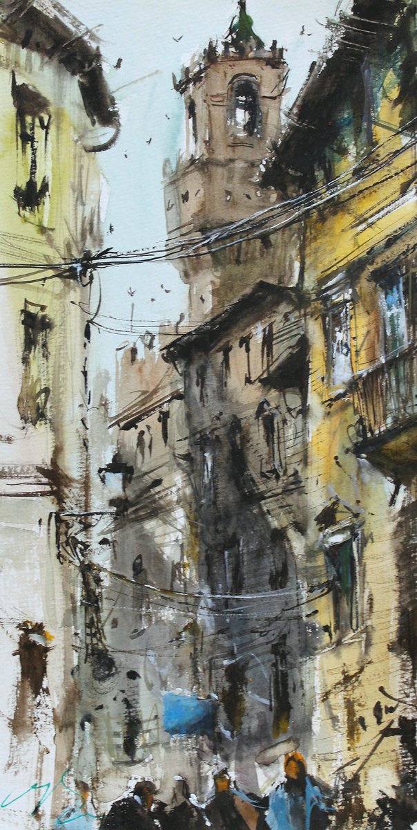Impressionistic Cityscapes Watercolour By Maximo Damico, 7 X 13", Florence Streets And Life, Original Artwork