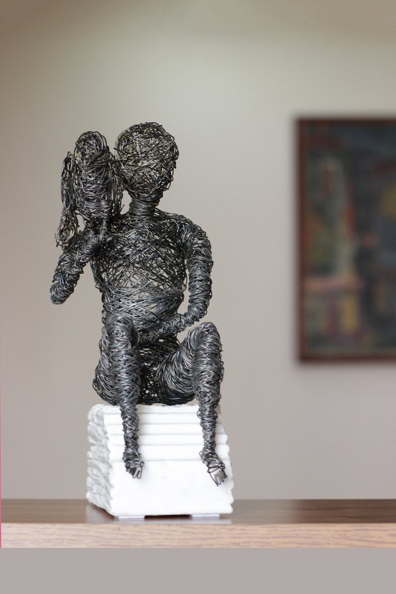 Abstract Portrait Sculpture By Karen Axikyan, 6 X 11", Waiting, Original Artwork