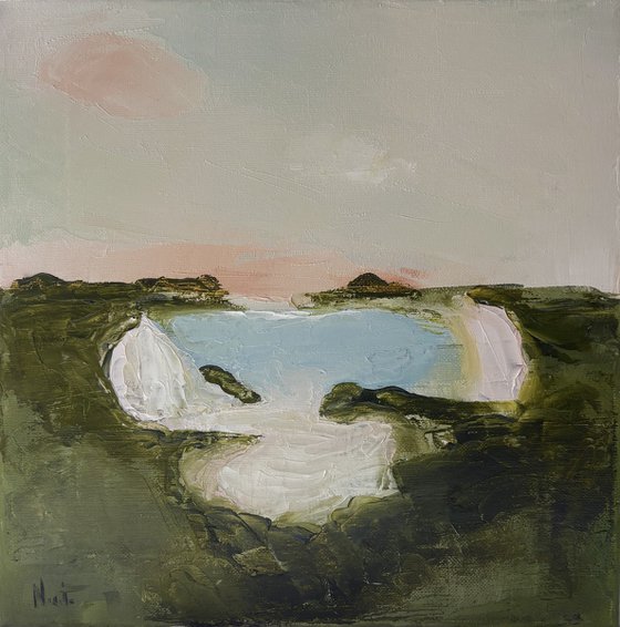 Impasto abstract seascape cliffs calm.