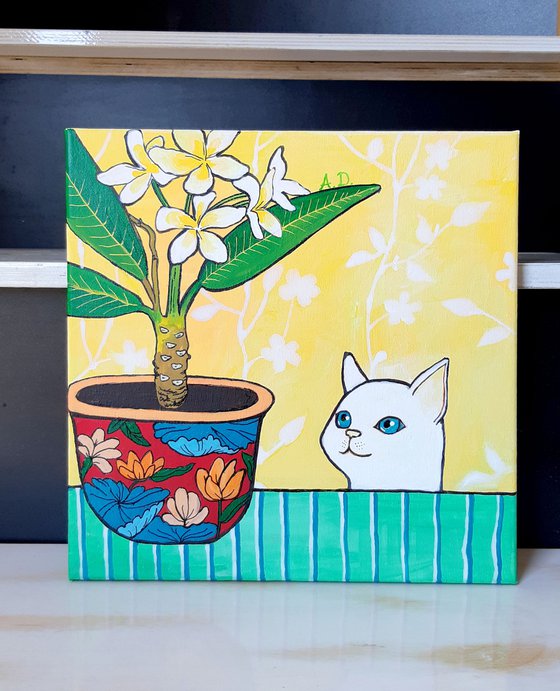 "Curious cat and plumeria in red floral pot." Maximalist Modern Matisse-Inspired Original Painting