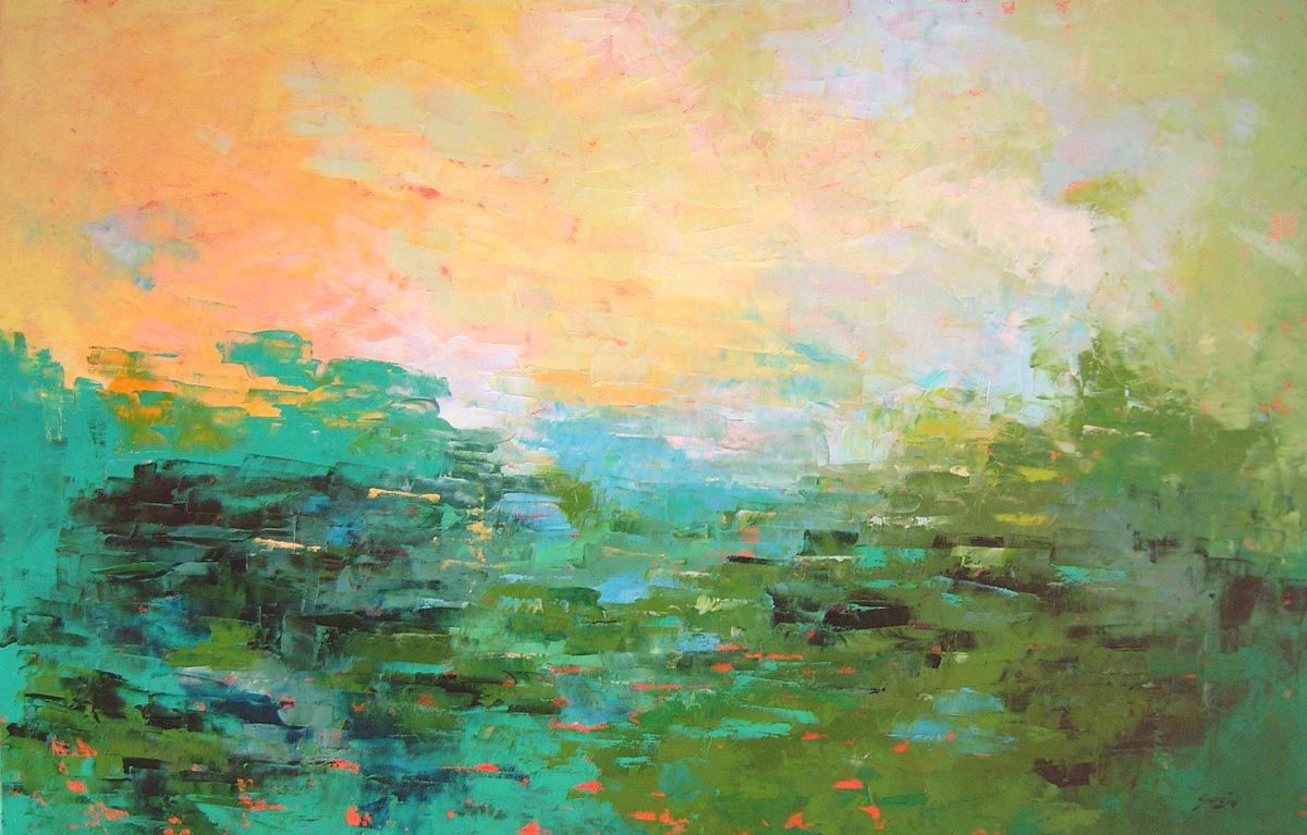 Abstract Landscape Oil Painting By Saroja Van Der Stegen, 38 X 25", Landscape Green (Ref#:907-30M), Original Artwork