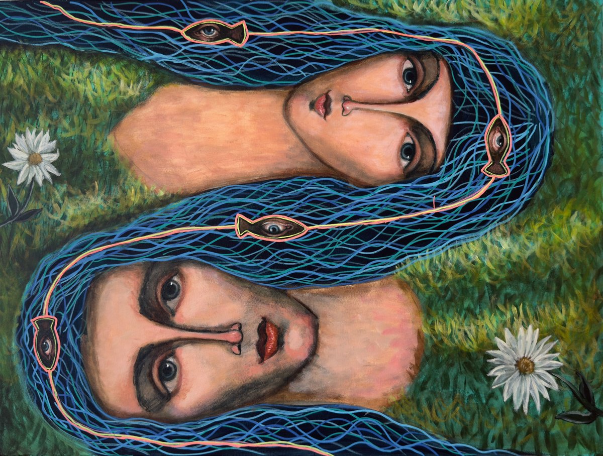 Portrait Acrylic Painting By Nikola Gulev, 31 X 24", "Happiness Flow", Original Artwork