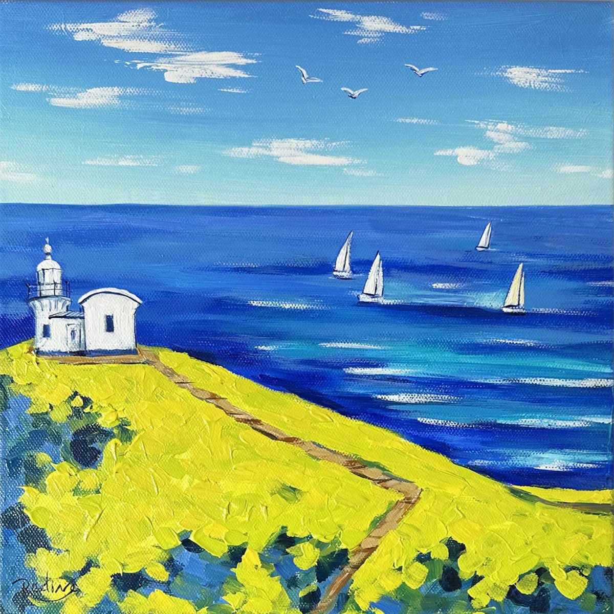 Impressionistic Landscape Acrylic Painting By Irina Redine, 14 X 14, Lighthouse, Original Artwork