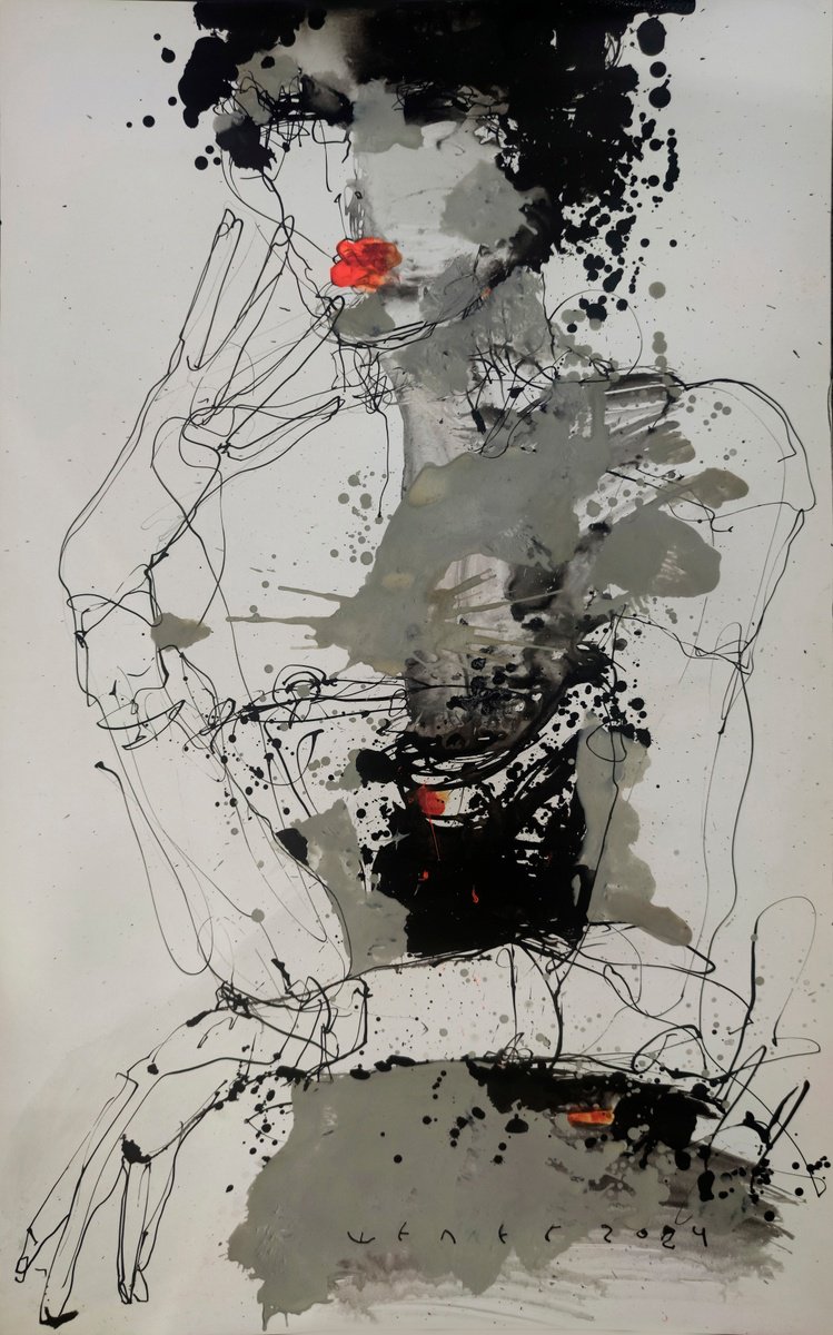 Expressive Portrait Ink Drawing By Victor Sheleg, 15 X 25", Blot Art-2, Original Artwork