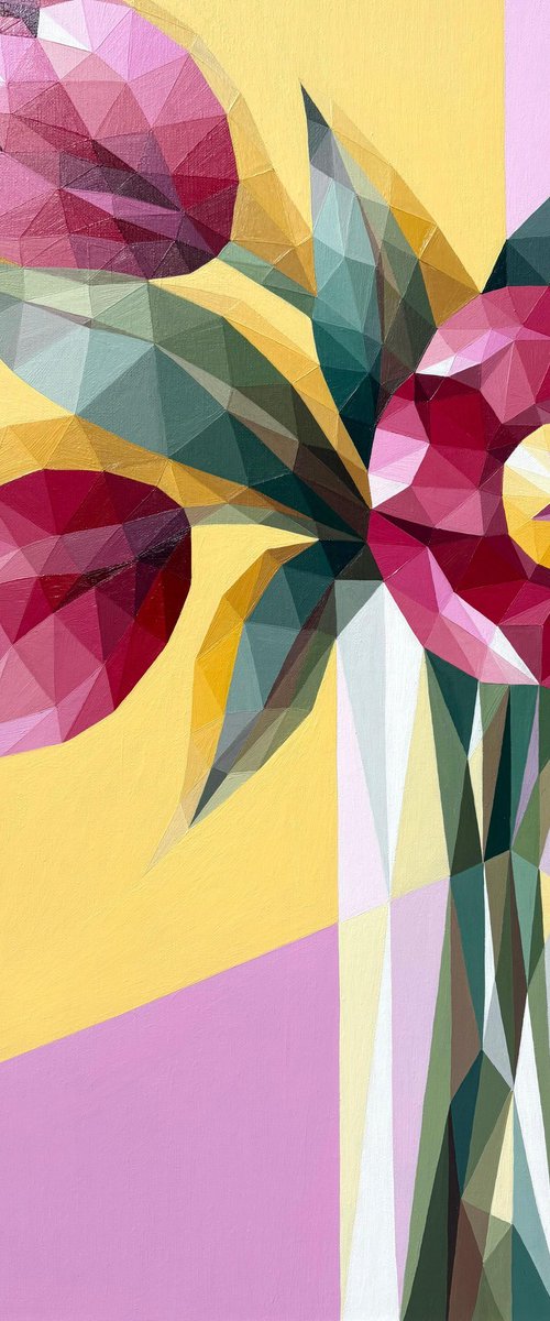BOUQUET OF PINK TULIPS IN A VASE ON YELLOW by Maria Tuzhilkina