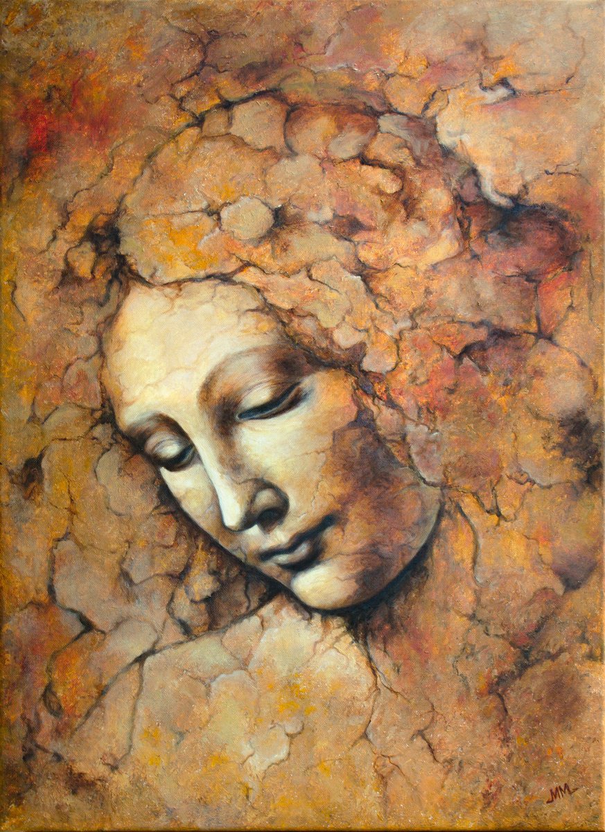 Expressive Portrait Oil Painting By Mila Moroko, 20 X 28", Old Fresco 2, Original Artwork