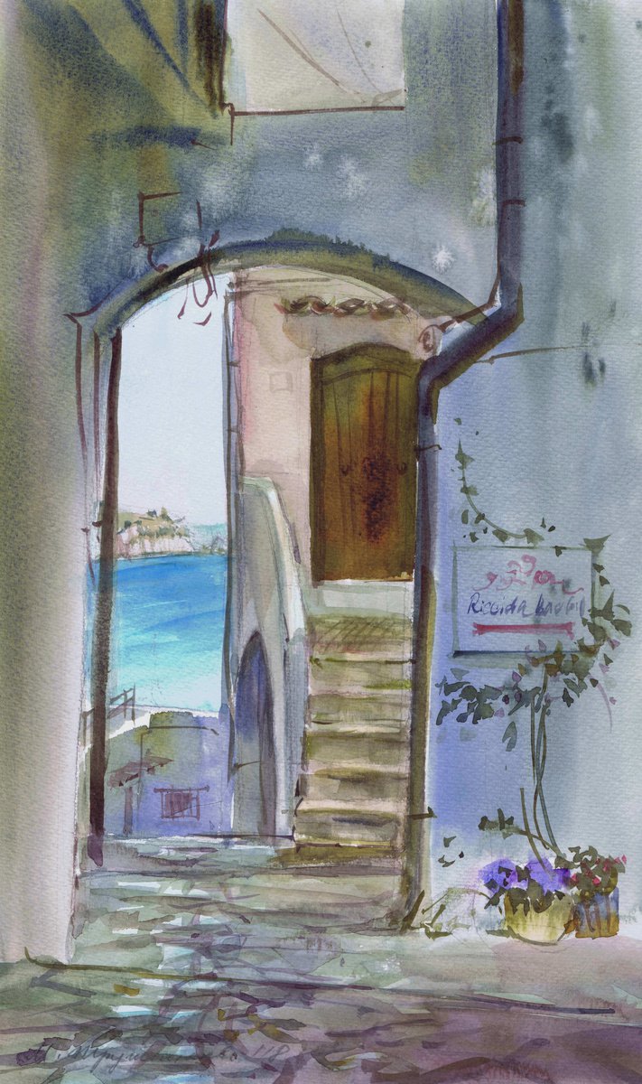 Sperlonga. Street to the sea. Watercolour by Marina Trushnikova. Landscape, A3 watercolor. by Marina Trushnikova