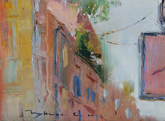 Old italian streets Cityscape with clock Roman series.  Original plein air oil painting .