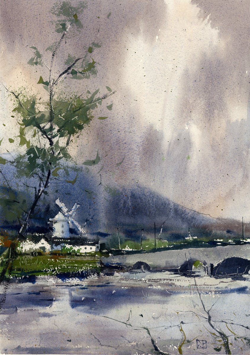 Impressionistic Landscape Watercolour By Yurii Prysiazhnyi, 11 X 15", The Blennerville Windmill, Original Artwork