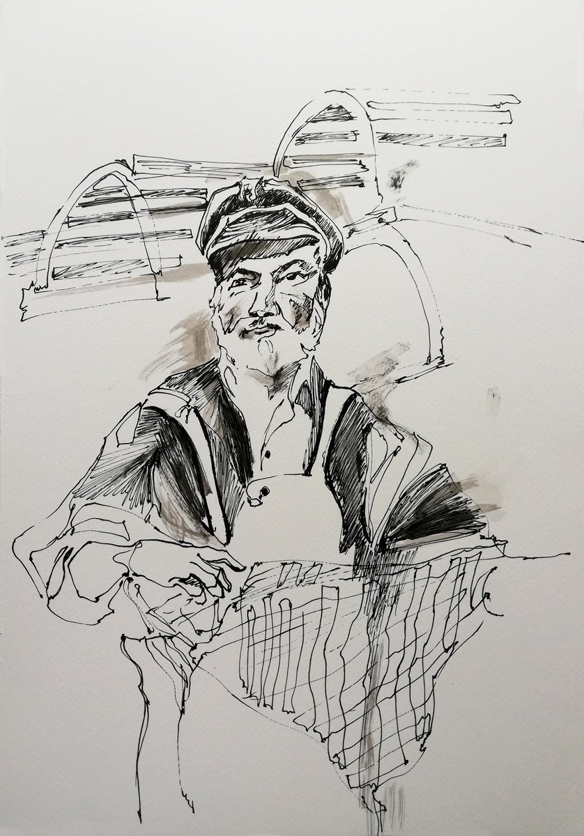 Impressionistic Portrait Ink Drawing By Jelena Djokic, 14 X 20, Lobsterman With Net, Original Artwork