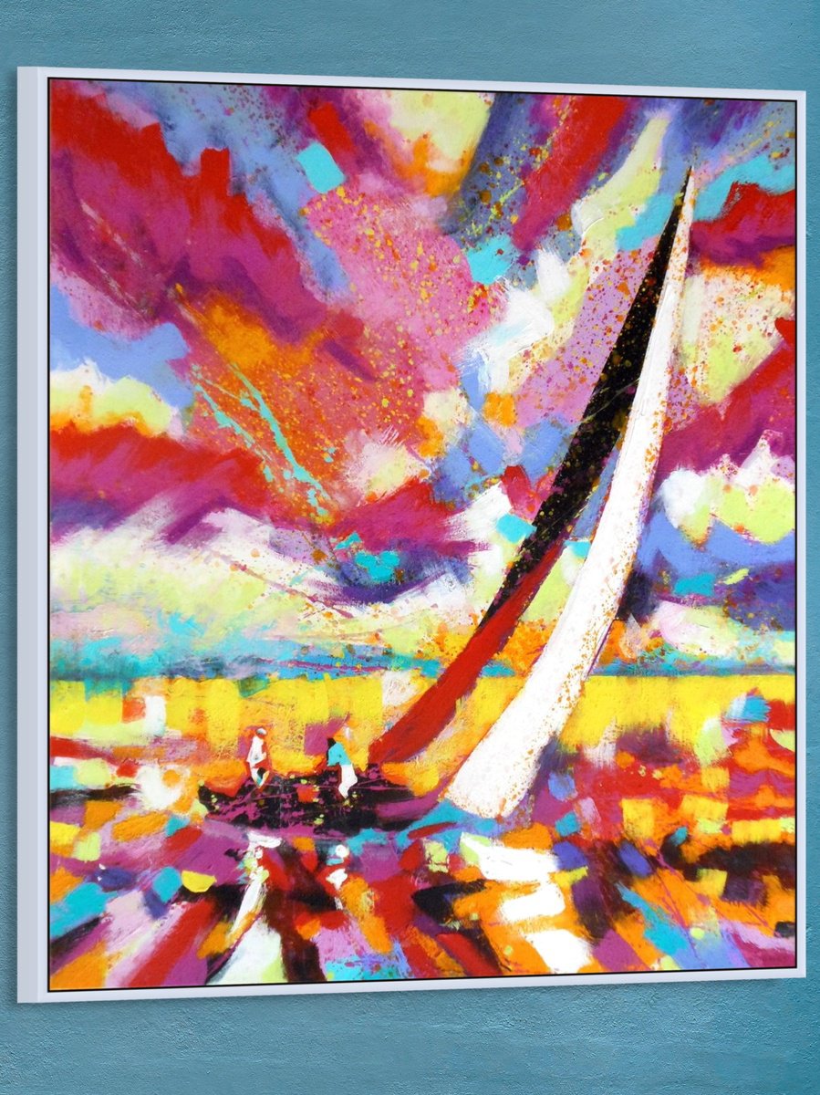 Impressionistic Landscape Oil Painting By Evgen Semenyuk, 28 X 31, Seascape With Yacht, Original Artwork