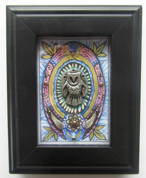 Owl totem art barn owl sculpture mixed media assemblage Limited Edition collage with gemstones