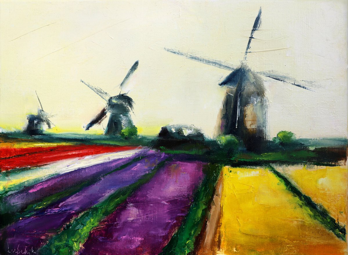 Tulip fields Landscape painting on canvas Holland windmill by Anna Lubchik