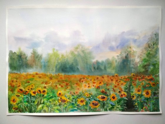 Sunflower field - Landscape - Watercolor