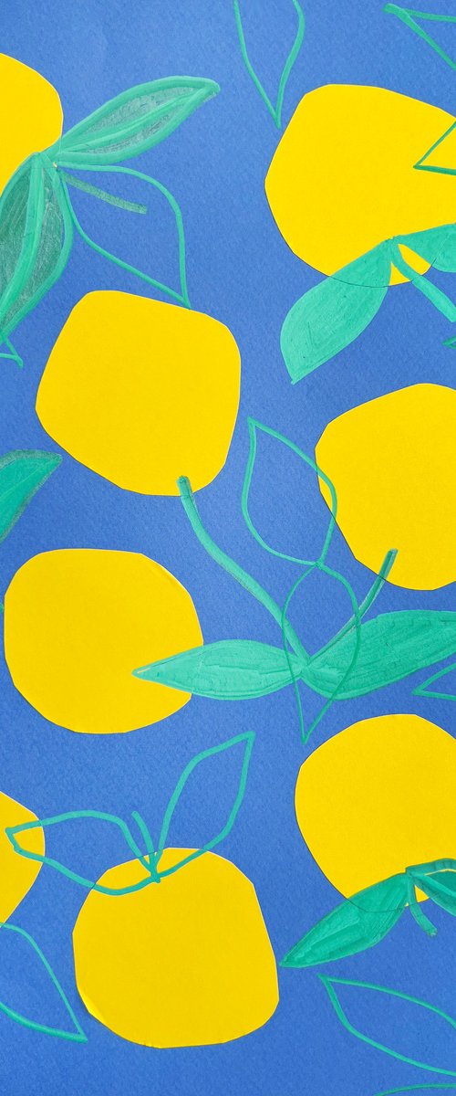 Yellow lemons on blue by Sasha Robinson