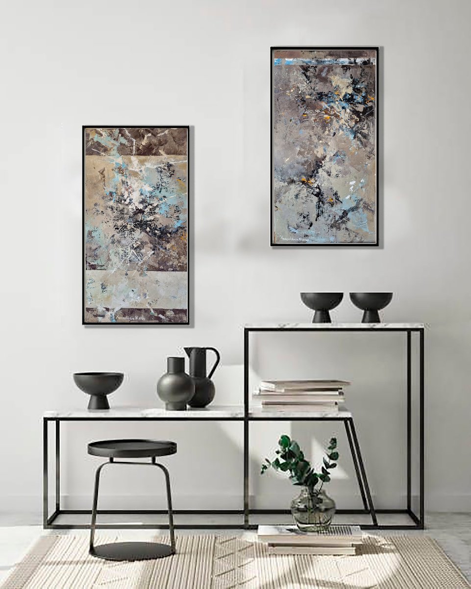 Abstract Oil Painting By Natalia Yampolskaia, 28 X 26", Parts Of Time I. Diptych, Original Artwork