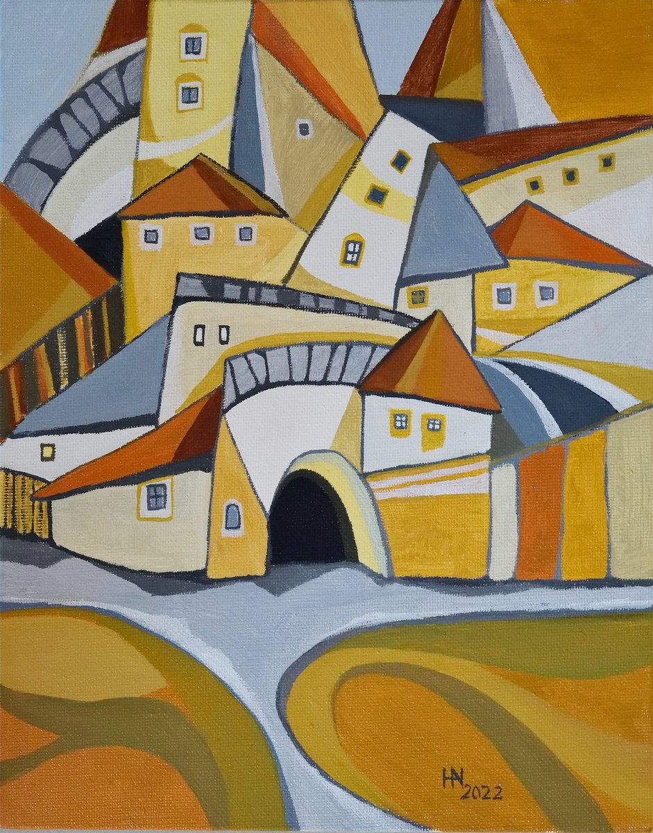 Geometric Cityscapes Oil Painting By Aniko Hencz, 8 X 10, The Gate Of The City, Original Artwork
