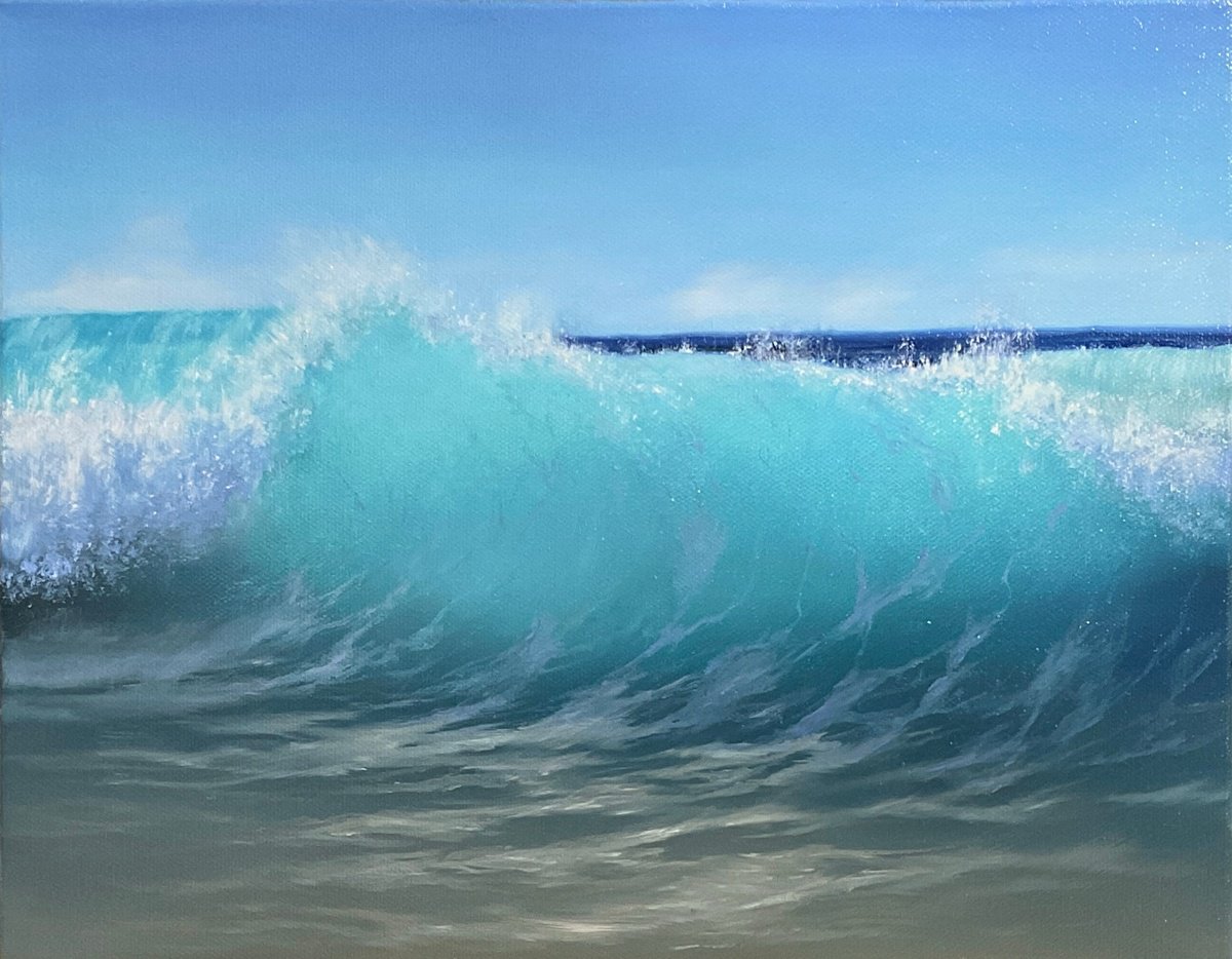 Photorealistic Landscape Oil Painting By Alla Kallass, 14 X 11, Turquoise Wave, Original Artwork