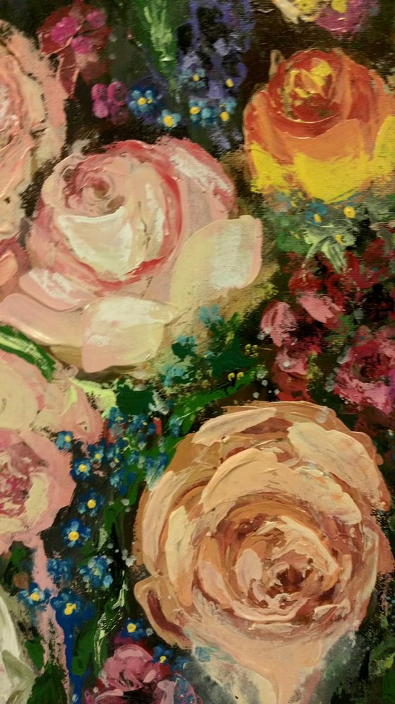 "Shabby chic Valentines flowers" Original acrylicl painting ,70x100x4cm.,ready to hang.