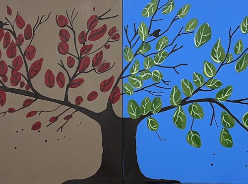 tree of life painting in a quadriptych style, for home office or nursery , original extra large wall art in acrylic hand made " Tree of Life " contemporary birds 64 x 20" by Stuart Wright