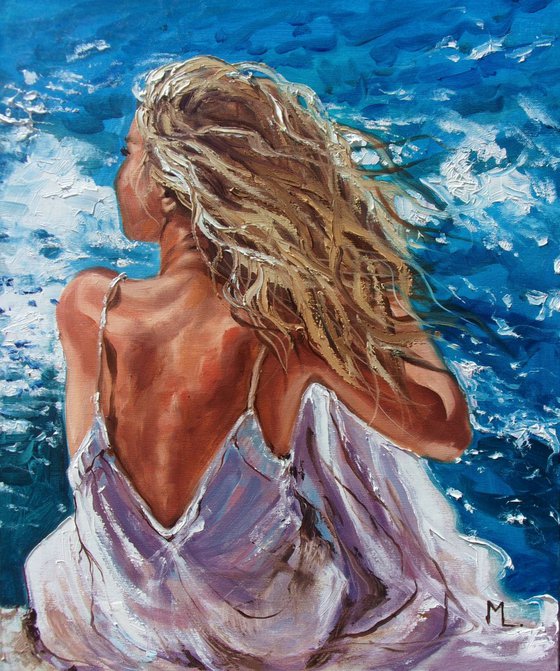 " SUMMER BLUE ... " SEA original painting palette knife GIFT MODERN URBAN ART OFFICE ART DECOR HOME DECOR GIFT IDEA