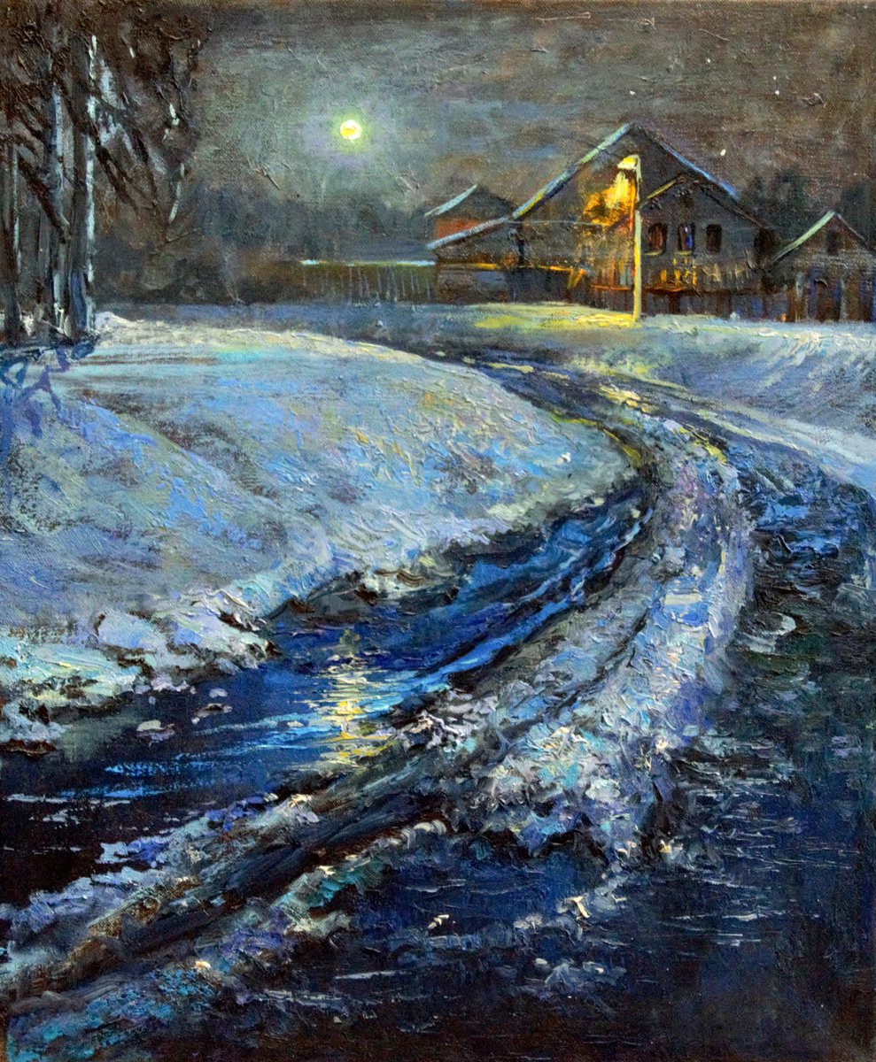 Night winter road. Original oil painting on canvas by Dmitry Revyakin