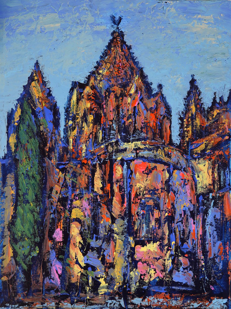 Impressionistic Cityscapes Acrylic Painting By Denys Kuvaiev, 15 X 19, Old Cathedral Of Salamanca, Original Artwork