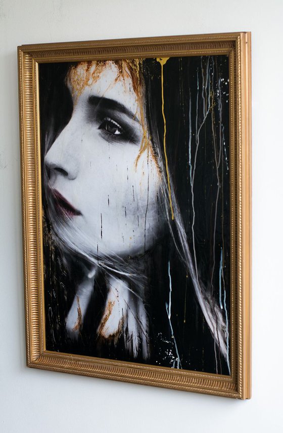 "Thoughts & Dreams" (85x63x4,5cm) - Unique portrait artwork on wood (abstract, portrait, gold, original, resin, beeswax, painting)