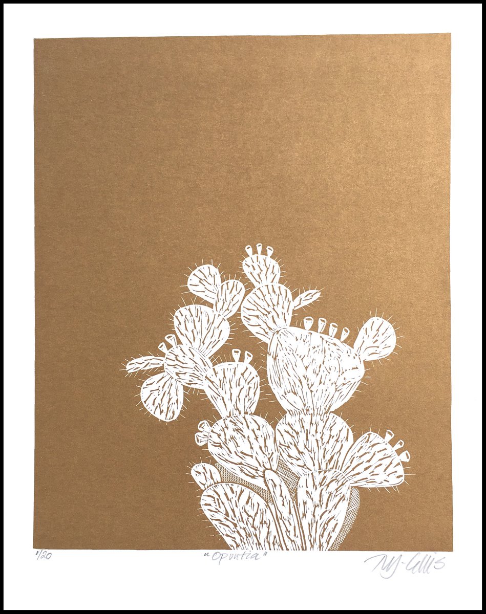 Illustrative Linocut , Prickly Pear Cactus By Mariann Johansen-Ellis, 20 X 24, Artwork For Sale On Artfinder