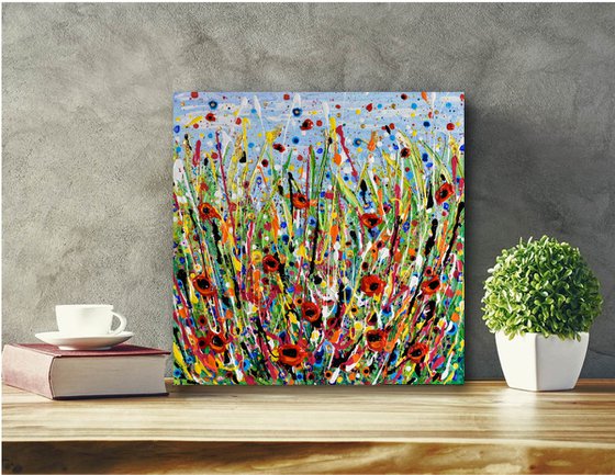 Poppy Meadow II - Wildflower field Painting, Textured Wall Art