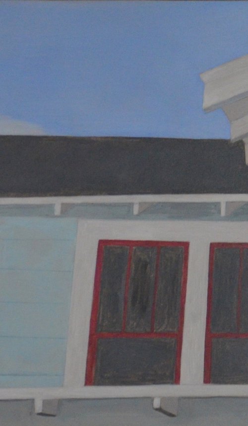 Small Painting of Vintage House and Sky - "Azure Avenue" by Linda Southworth