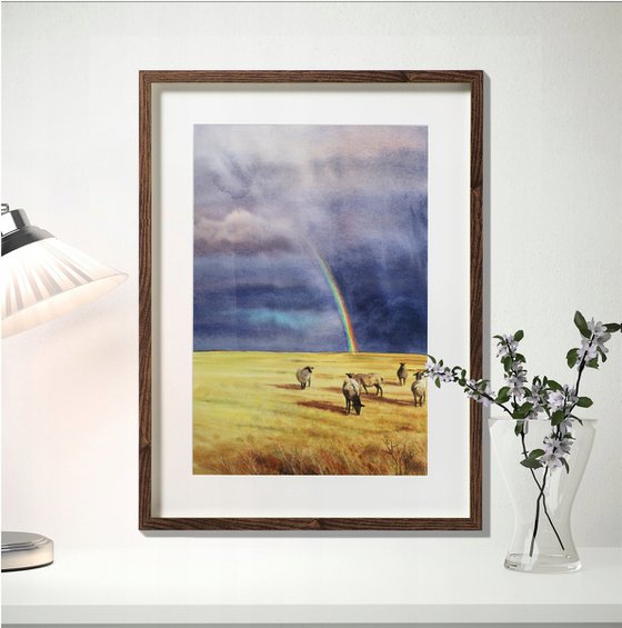 Grazing Sheep - watercolor - rainbow over a yellow field