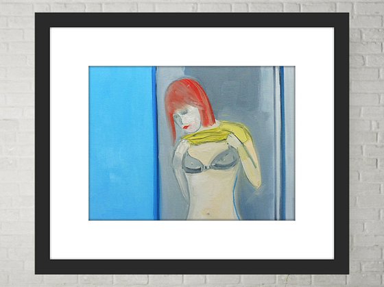 FEMALE REDHEAD UNDRESSING  with BLACK BRA. Original Female Figurative Oil Painting. Varnished.