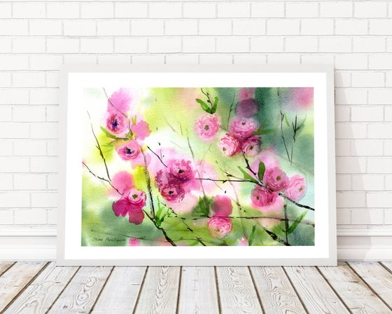 Sakura  original watercolor painting Pink flowers  artwork, floral wall art, gift idea for her spring wall art
