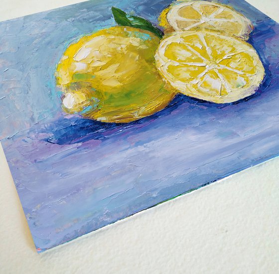 Lemon Painting Original Art Fruit Still Life Citrus Artwork Small Kitchen Wall Art