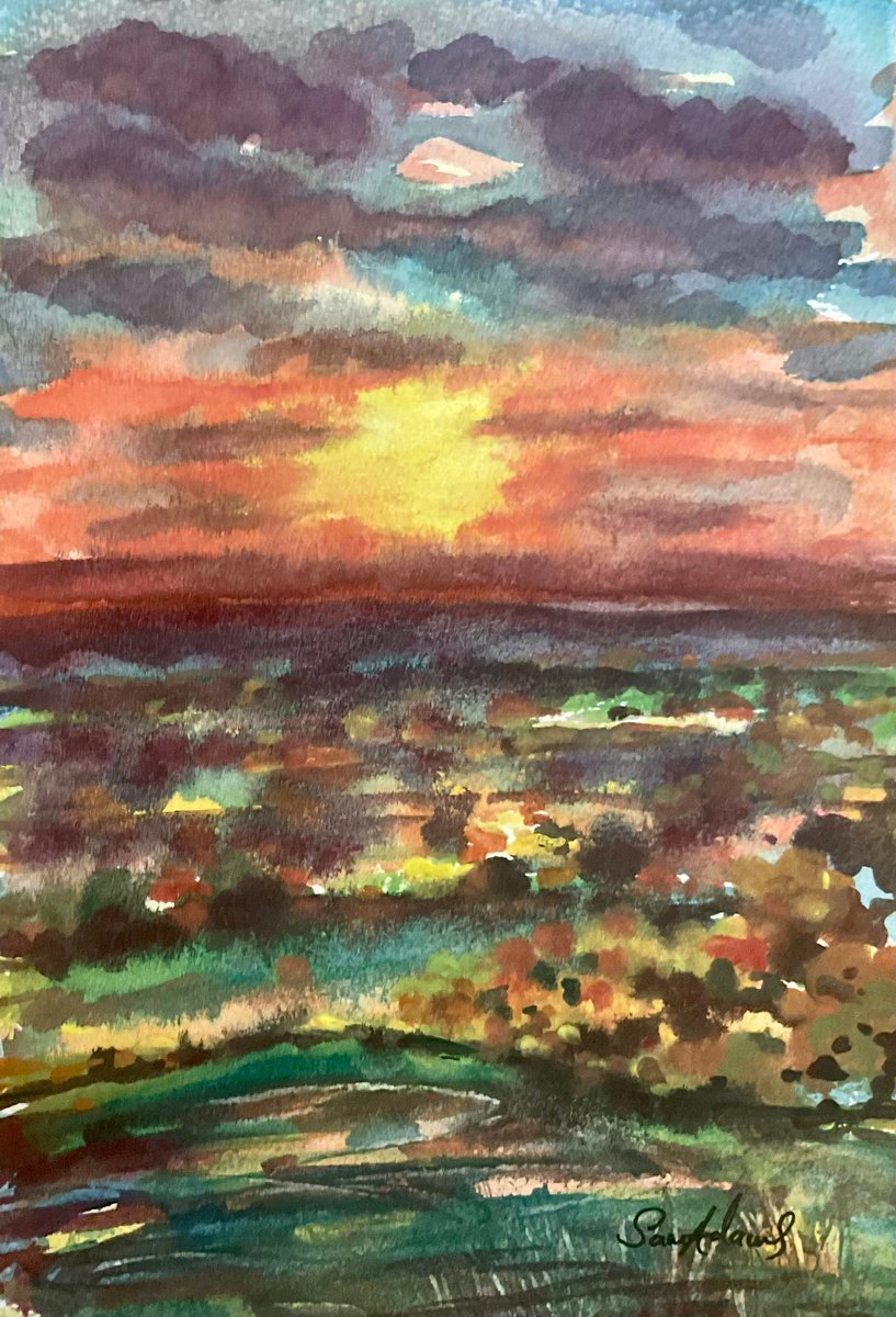 Expressive Landscape Watercolour By Samantha Adams, 7 X 11", Blackmore Vale Sunset, Dorset, Original Artwork