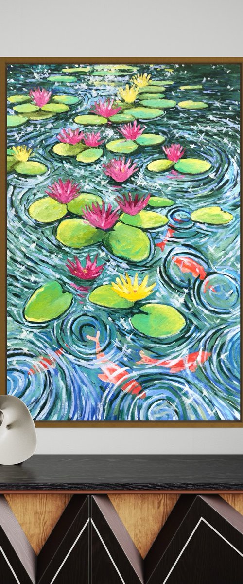 Waterlily with koi fish by Volodymyr Smoliak