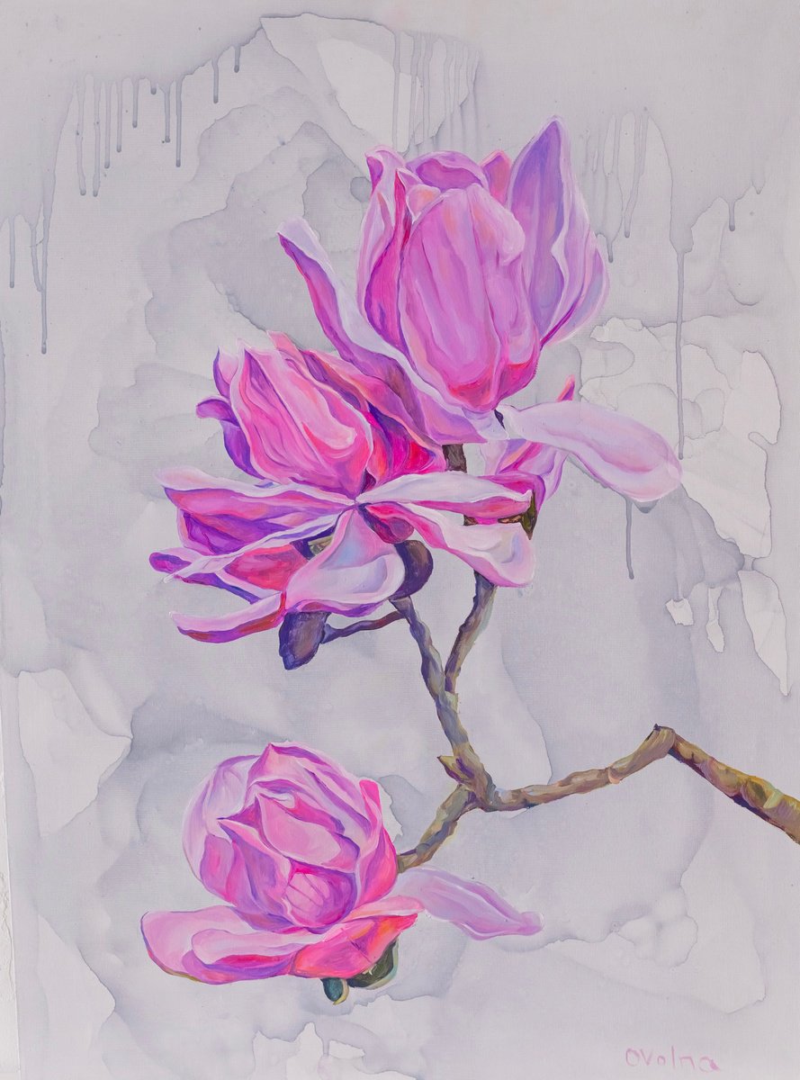 Impressionistic Botanical Oil Painting By Olga Volna, 24 X 31", Magnolias, Original Artwork