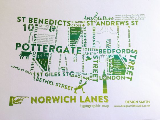 NORWICH LANES - mounted, typographic map